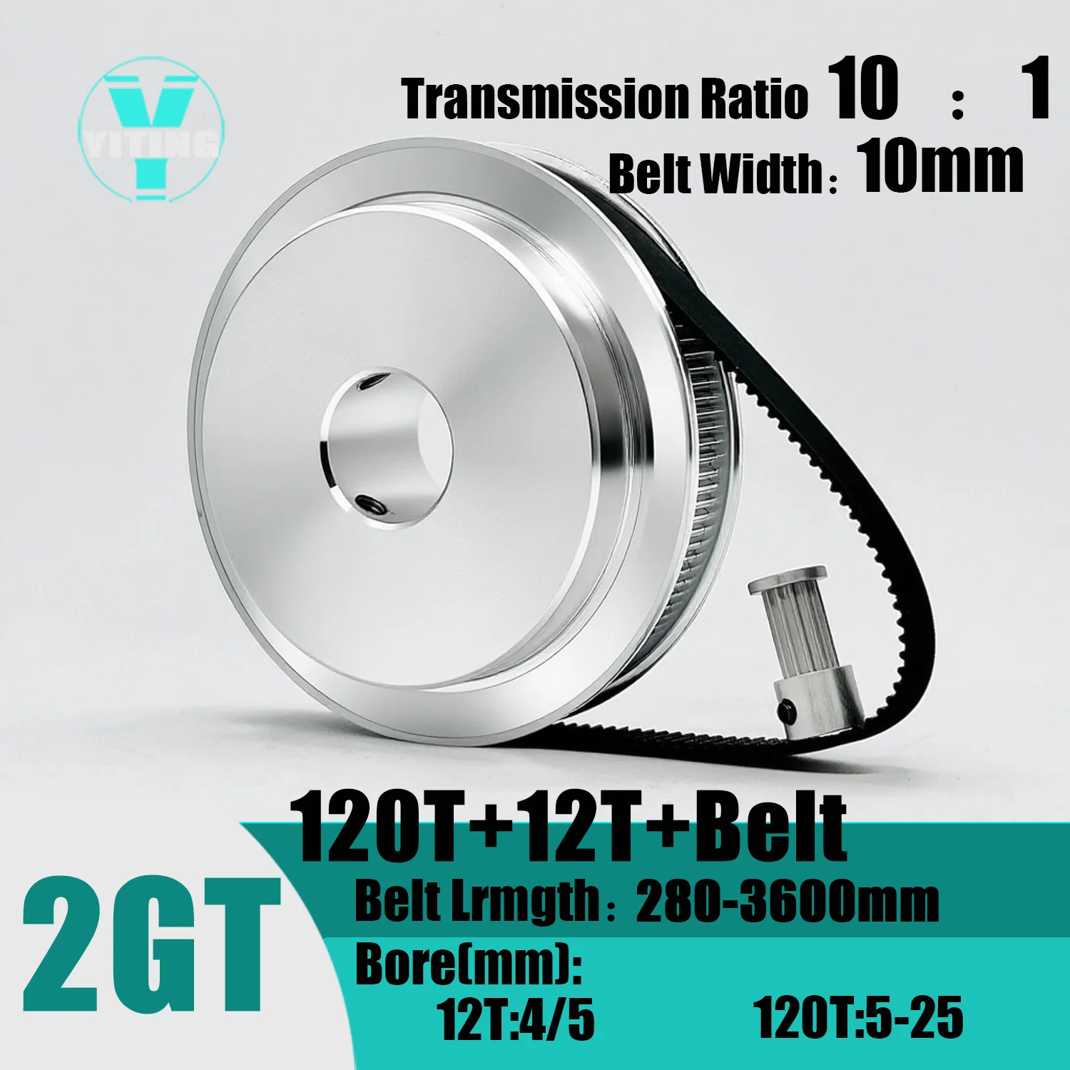 2GT 2M 120Teeth 12T Kti 12Teeth 120T Timing Belt Pulley Set Belt Width 10mm Bore 4~25mm 10:1 Wheel Synchronous Pulley Belt Kit