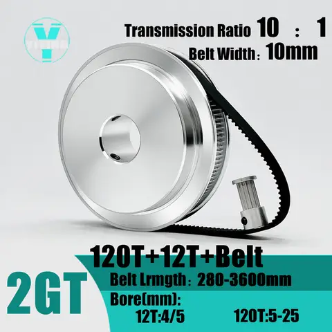 2GT 2M 120Teeth 12T Kti 12Teeth 120T Timing Belt Pulley Set Belt Width 10mm Bore 4~25mm 10:1 Wheel Synchronous Pulley Belt Kit