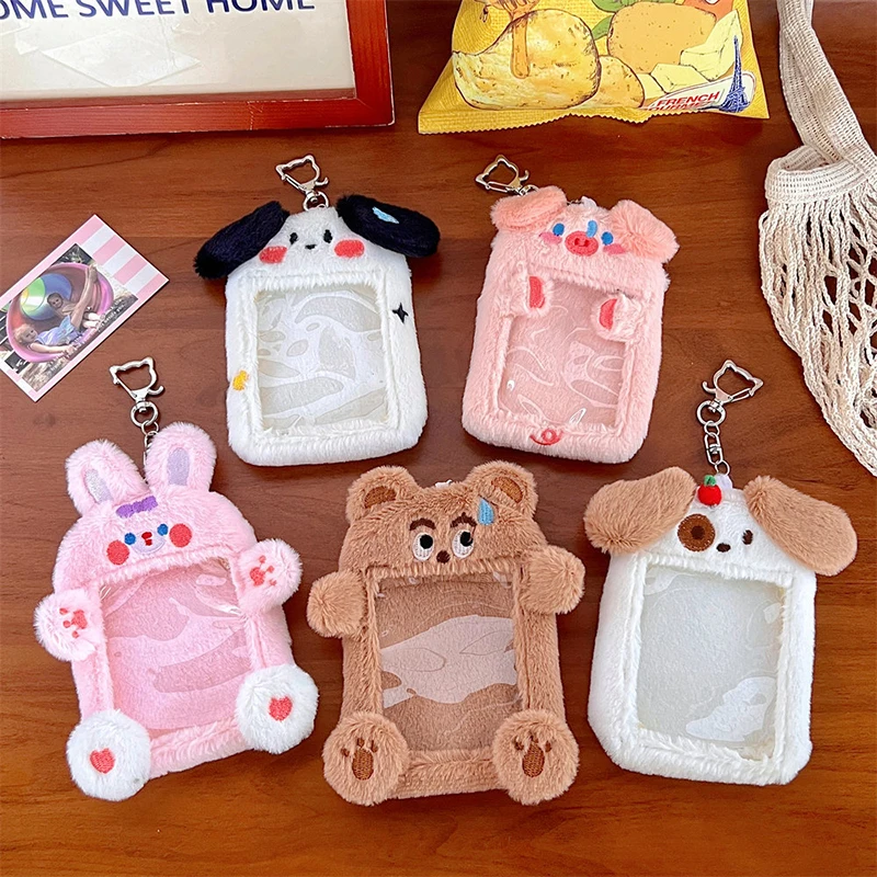 Cartoon Bear Rabbit Plush Photocard Titular para Meninas, ID e Credit Protector, Kpop Idol Photo Holder, Cute Keychain, Papelaria