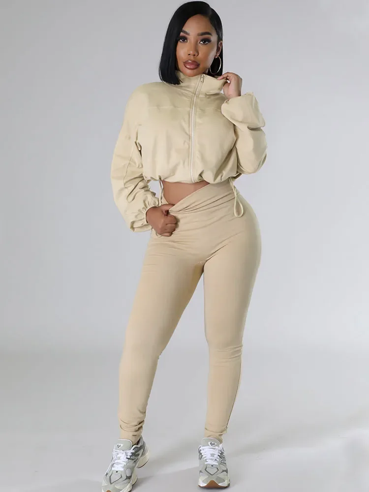 

Solid Sportwear Two Piece Set for Women Tracksuit Casual Fitness Workout Zipper Bomber Jacket Top and Sweatpants Matching Sets