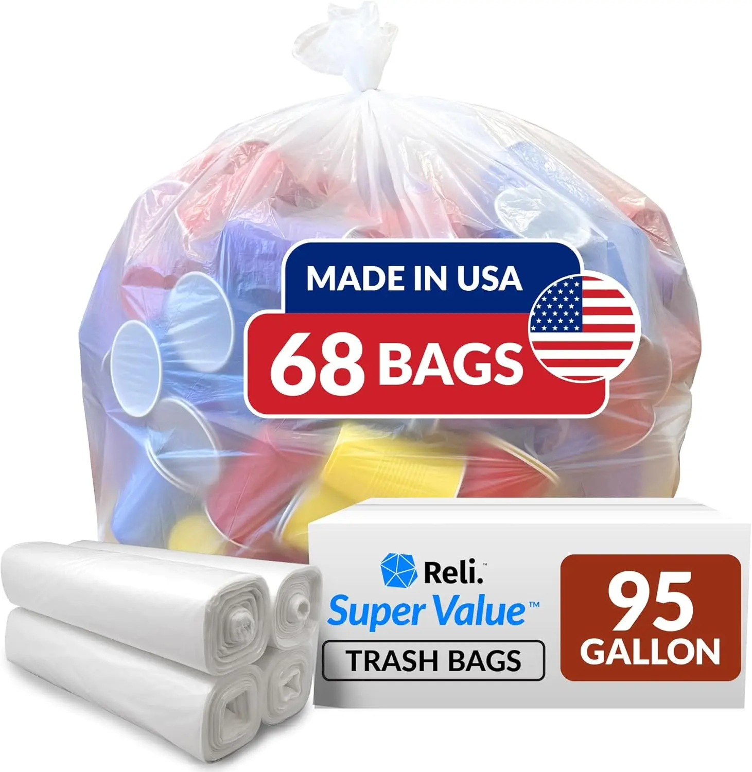 

Heavy Duty 95 Gallon Trash Bags, 68 Pack Clear for Serious Garbage Cleanup