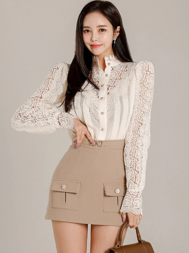 New Spring Autumn 2 Piece Outfit Elegant Women Vintage Lace Sheer Sexy Tops Shirt Blouse Femme Bag Hip Mini Skirt Mujer Slim Set