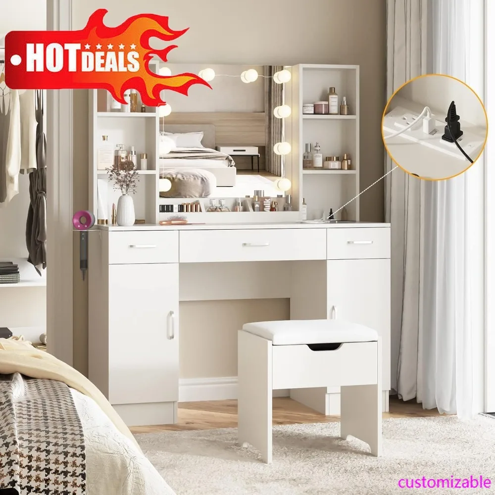 Global Best-seller-Makeup Vanity Table With Lighted Mirror & Power Strip, Large Vanity Set Vanity Desk With Lots Storage, 3 Ligh