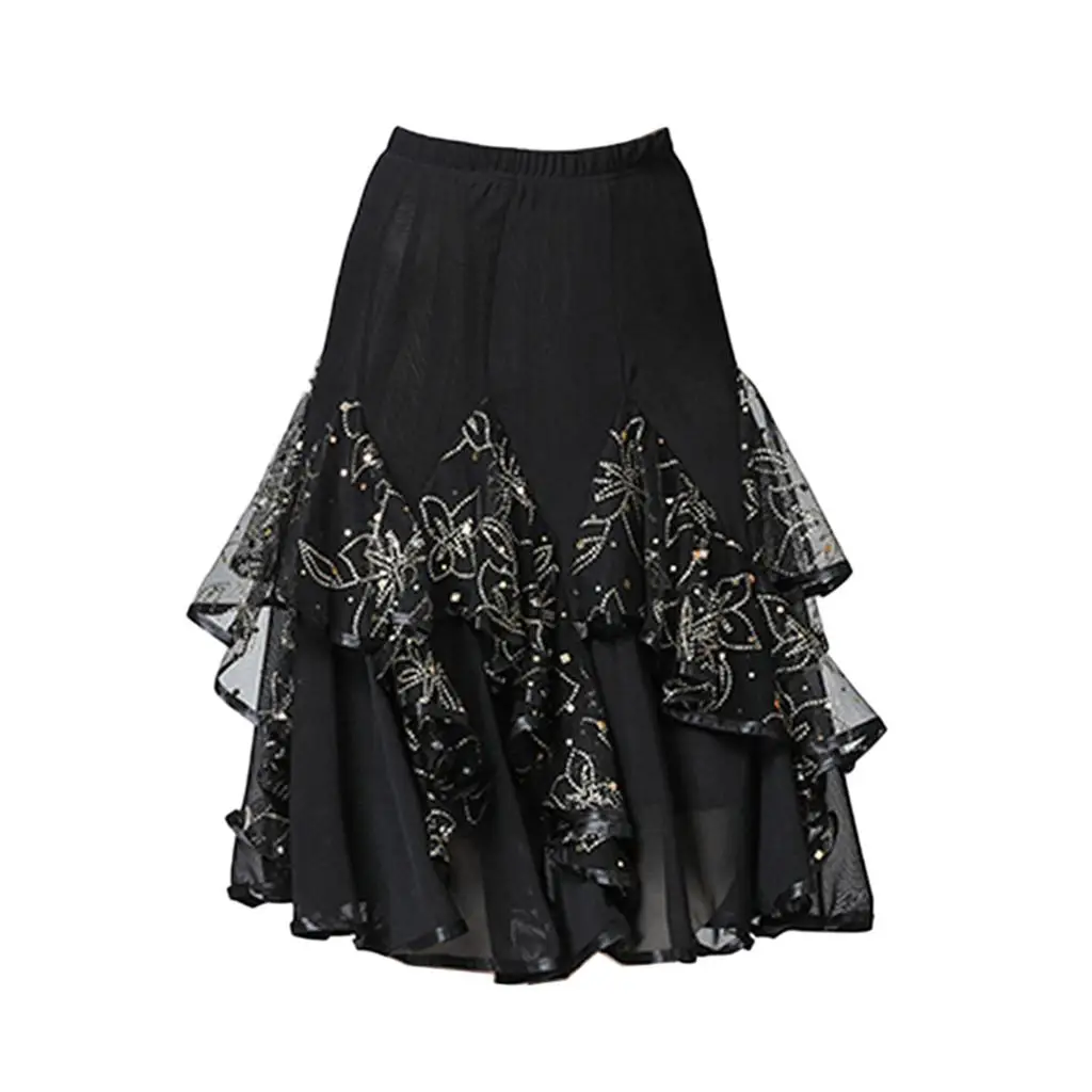 Latin Dance Skirt Mesh Net Midi Swing Sequined Dancewear Dress Ballroom Tango Cha Cha Waltz for Party