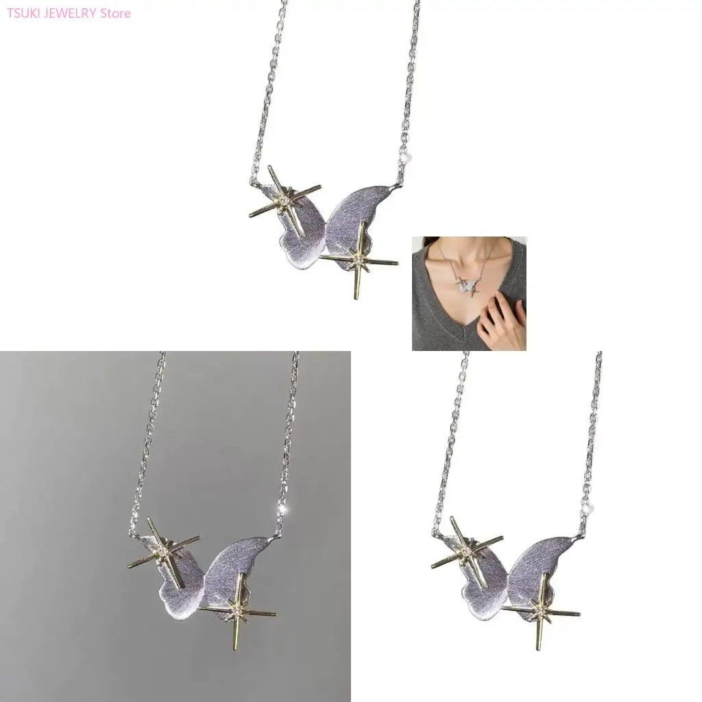 62KE Minimalist Butterfly Pendant Necklace Featuring Star Cahrm And Alloy Chain Adjustable Neckchain Jewelry For Everyday