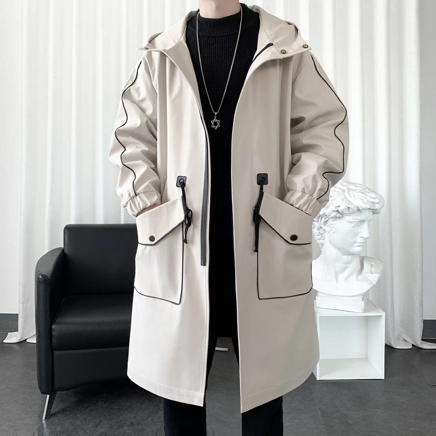 Males Long Windbreaker Hooded Trench Coat Contrasting Loose Oversized Jacket Patchwork Casual Tops Pocket Waistband Man Clothing