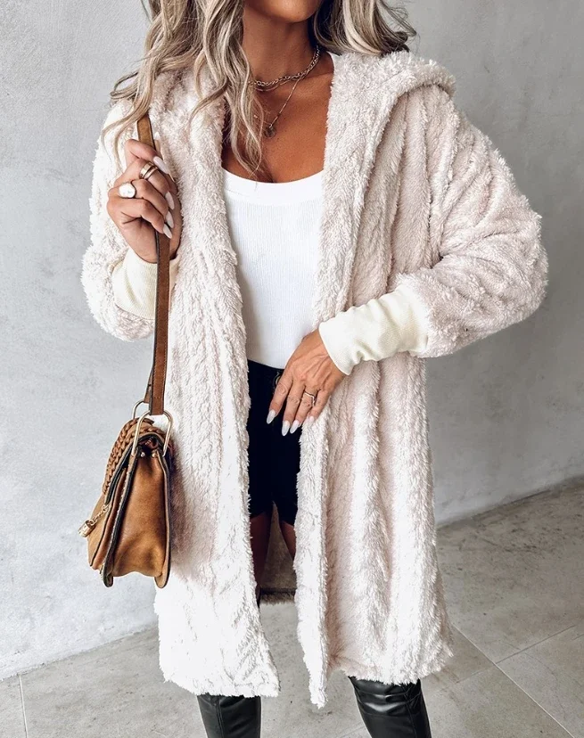 Women's Lazy Cardigan 2025 Autumn Winter Latest Fuzzy Textured Hooded Longline Coat Jacket Solid Color Long Sleeved Open Front