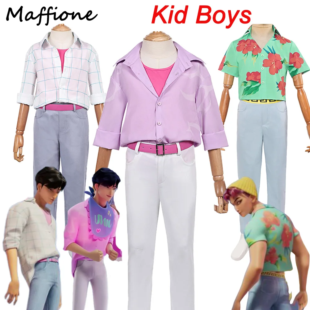 

Детский костюм для косплея Jinu Abby Demon Hunter Of KPop, розовый комплект, белая клетчатая форма, наряды с зелеными цветами на Хэллоуин