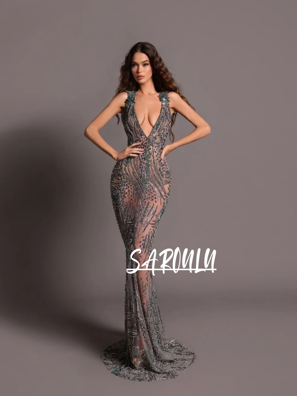 

Luxury Hand-Embellished Crystal Sheer Mesh Mermaid Evening Dress Sexy Deep V Neck Formal Prom Gown For Wedding Guest Pageant