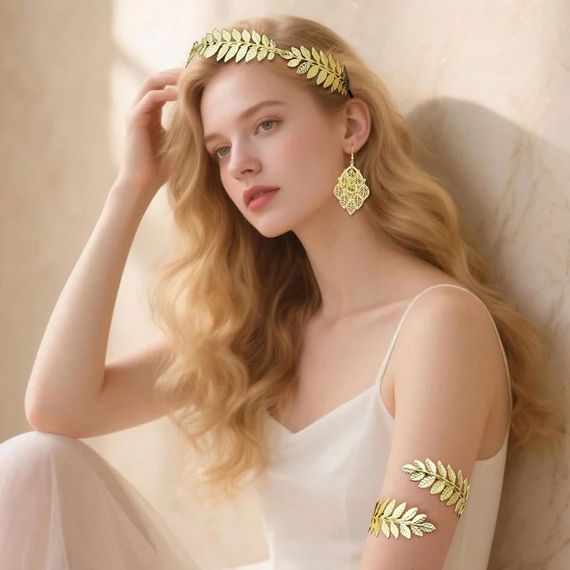 FTCY Vintage Greek Jewelry Set for Women Gold Color Bracelets Earrings Headwear Set Baroque Style Adjustable Women Jewelry Gifts