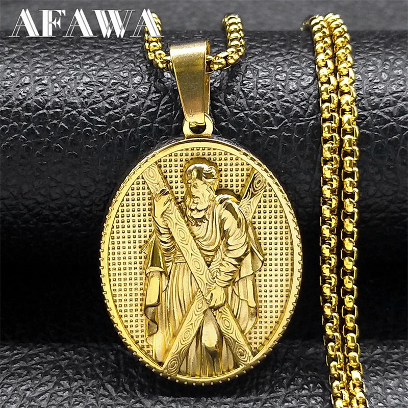 Saint Andrew Jesus Cross Medal Necklace for Men Women Stainless Steel Gold Color Religion Apostle Chain Jewelry collar NZZ448S02