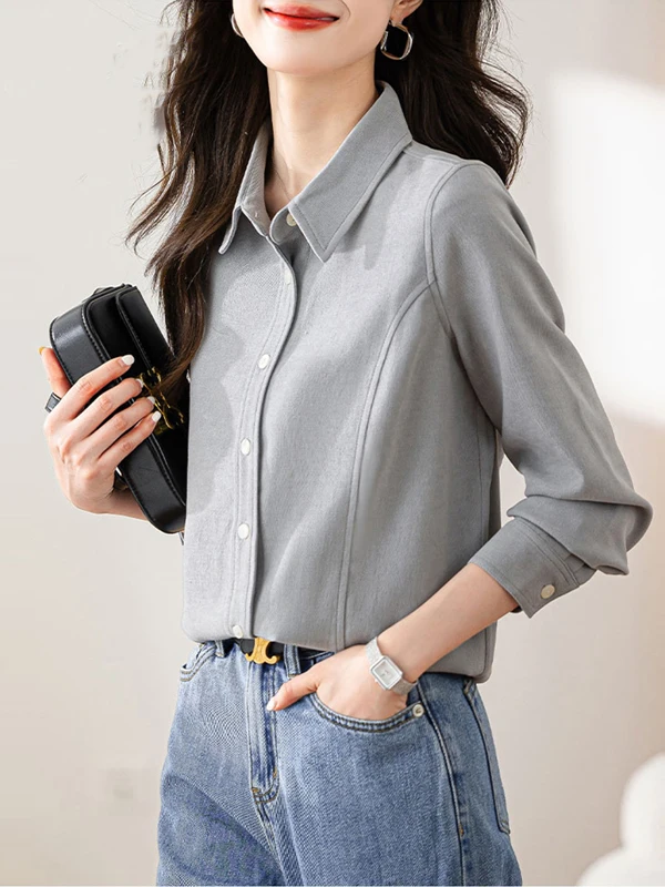 루즈핏 롱 슬리브 여성 봄 신상 싱글 버튼 솔리드 컬러 브루드 폴리에스터 편안하고 통기성 좋은 한국 스타일