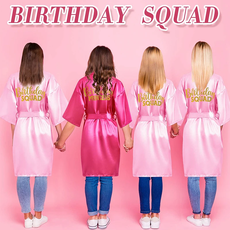 6/10/12 Set Birthday Squad Robes Spa Party Favors for Kids Birthday Spa Party Robe for Girls Kimono Satin Robe Hot Pink Party