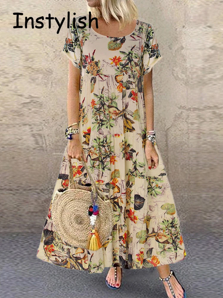 Vintage Boho Floral Print Maxi Dress Short Sleeve O Neck Cotton and Linen Loose Oversize Long Dress Summer Party Sundress Robe