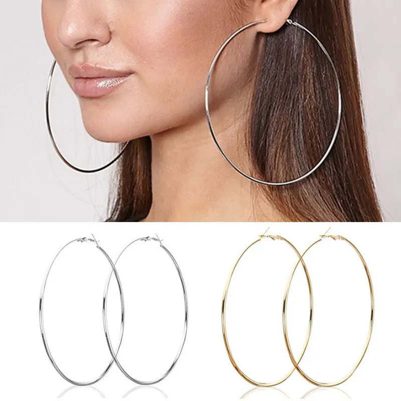 Trendy Big Thin Silver Hoop Earrings, Oversized Polished Circle Click Closure Earrings, Daily Stackable Statement Ear Jewelry