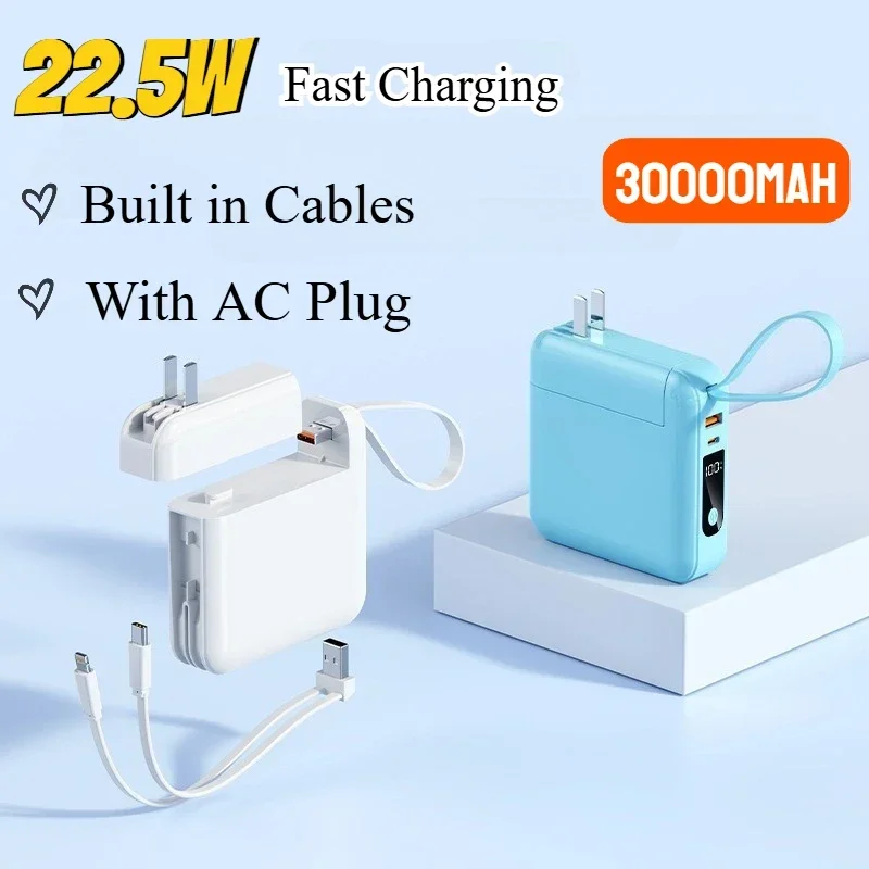 50000mAh Large Capacity Power Pack 22.5W Fast Charge Built-in Cord & AC Wall Plug Portable Charger for iPhone Xiaomi Smartphones view 4