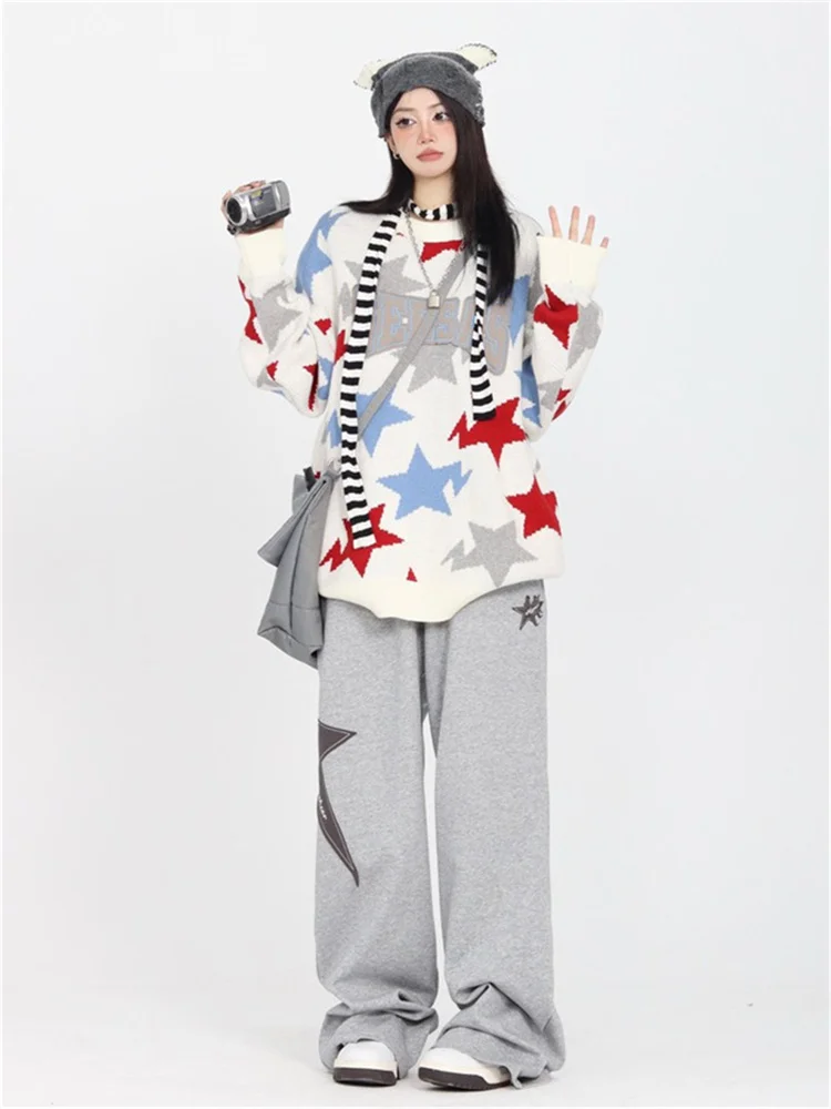 QWEEK Y2K Vintage Star Sweatpants Women Harajuku Retro Streetwear Patchwork Jogger Pants Oversized Hip Hop Gray Sports Trousers