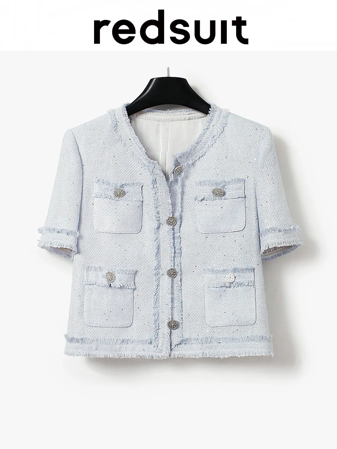 New Elegant short sleeved jacket, classic round neck blue top Custom Sizes