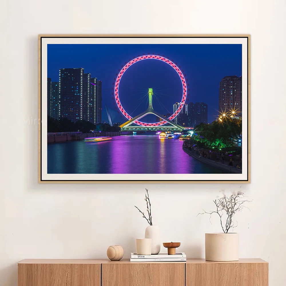 YJ001 Tianjin Gorgeous City Nightscape Famous Building Silk Fabric Poster Wall Art Decor Fashion Gift