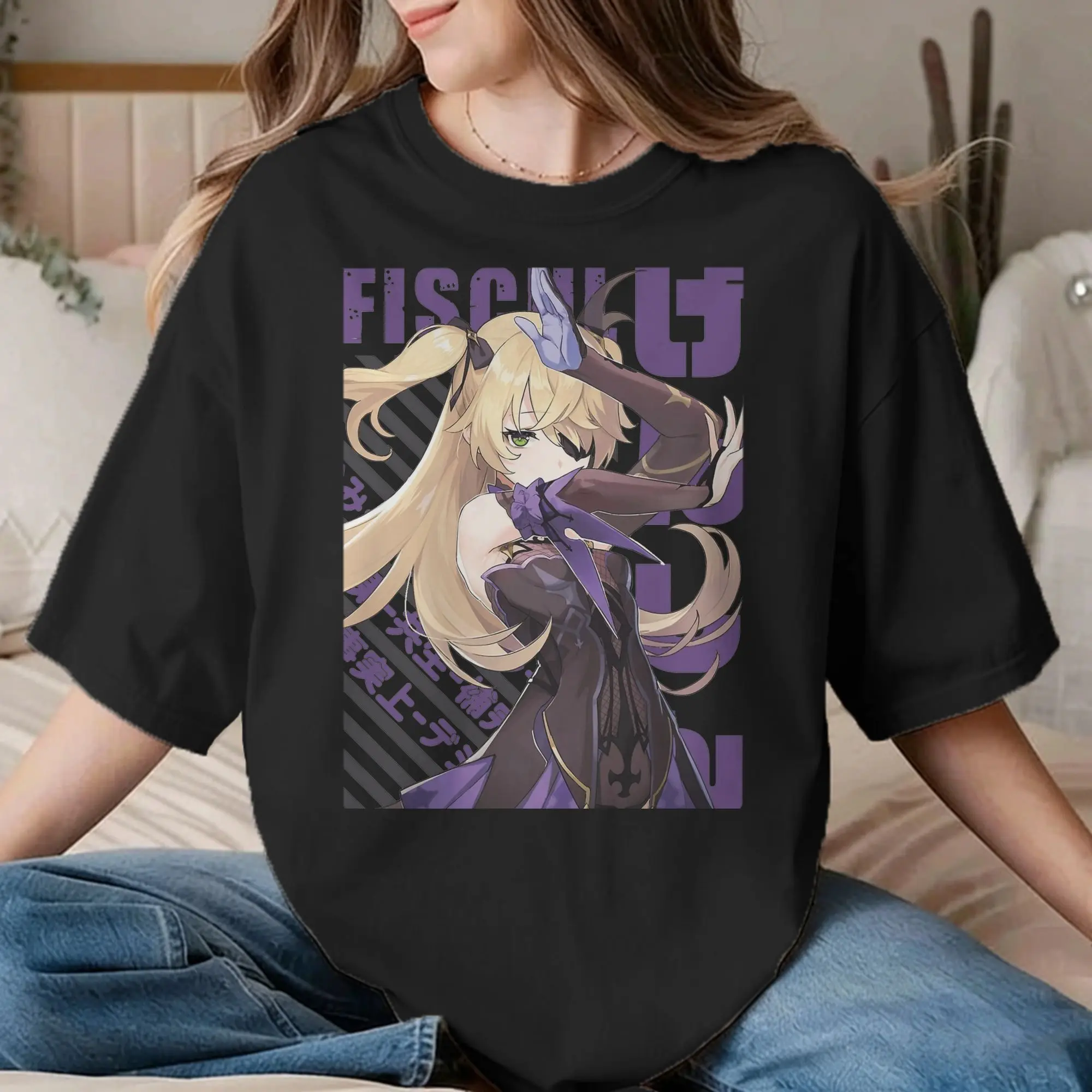 Vintage Genshin Impact Fischl T-Shirt for Men Women O Neck Cotton T Shirt  Short Sleeve Tee Shirt 4XL 5XL Tops