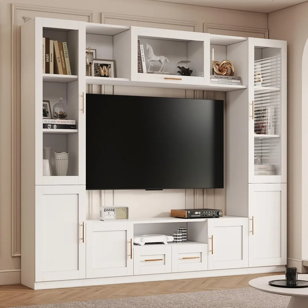 Versatile TV Cabinet with Tempered Glass Doors, Lift Door and Shelves, Large Console Storage Kit, Can Accommodate TVs Up To 70"