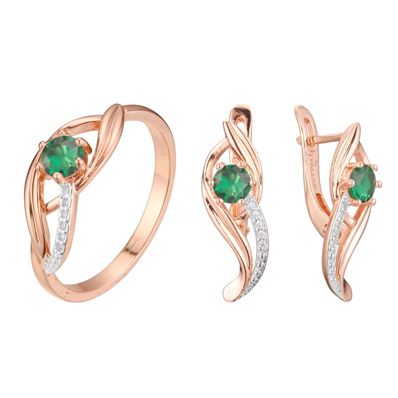 New Women Jewelry Sets  Rose 585 Gold Silver Color Plating Jewelry Luxury Green Stone Rings Jewelry Set Gift