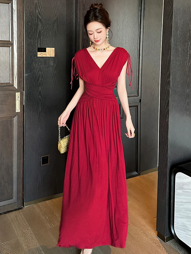 French Celebrity Engagement Dresses Women Elegant Elastic Folds Backless Corset Waist Pleated Robe Female Wedding Party Vestidos