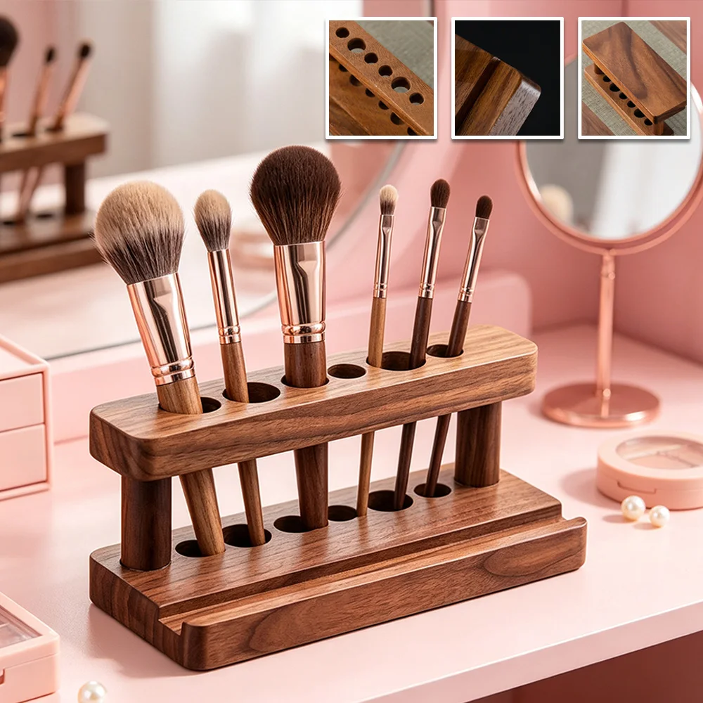 1PC Wood Pen Holder with 6 Slots Multifunction Desk Organizer Phone Stand Display Case Storage Stand for School and Office Decor