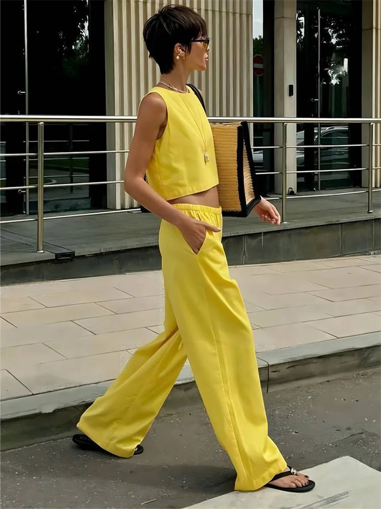 Tossy Summer Fashion 2 Piece-Set Women's Pants Sleeveless Cropped Vest Top And Wide Leg Trousers Sets Female Outfits Trousers