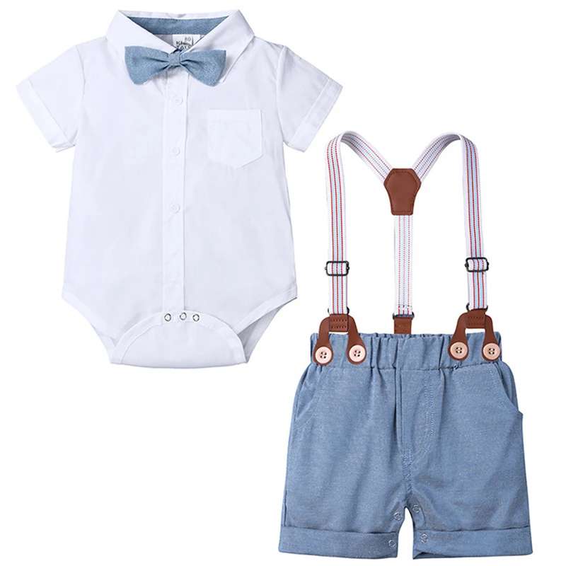 2 Stück Sommer Kleinkind Junge Outfits koreanische Mode Gentleman Krawatte Kurzarm Neugeborenen Stram pler Overalls Shorts Baby Sets BC2375-1