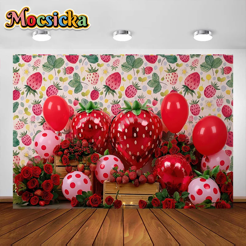 Mocsicka التصوير خلفية الأحمر الفراولة مخزن بالون الديكور خلفية لاستحمام الطفل الوليد حفلة عيد ميلاد الدعائم