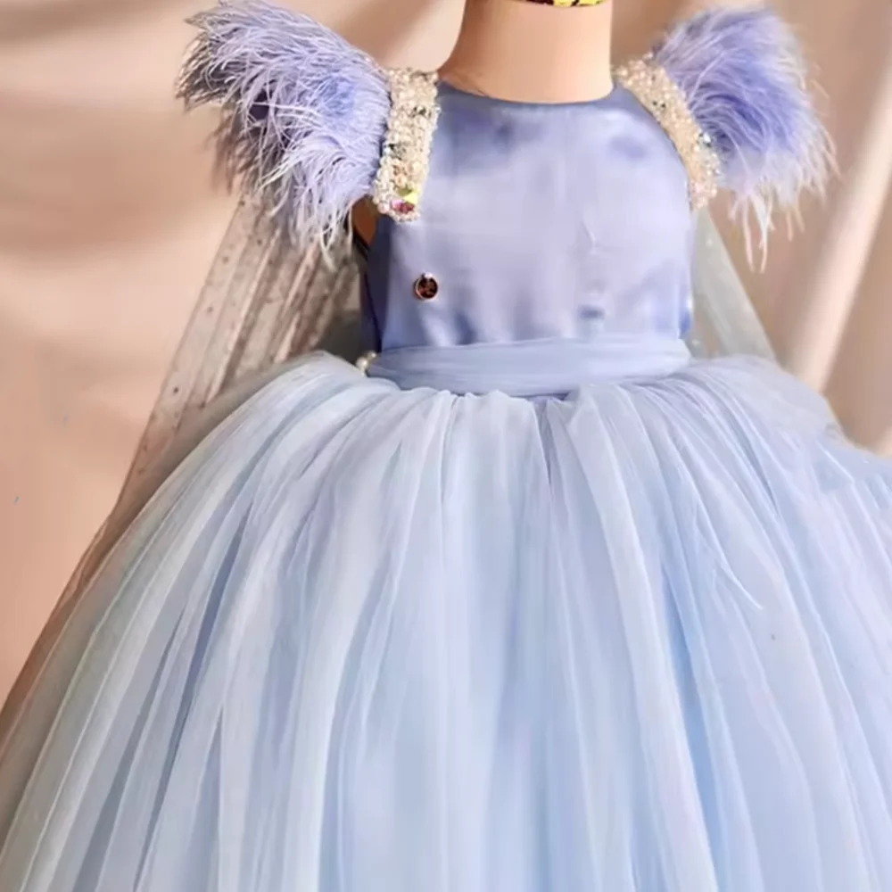 

Customized Blue Feather Trim Flower Girl Dress Kids Pageant Birthday Gown for Girls First Communion Elegant Party Attire