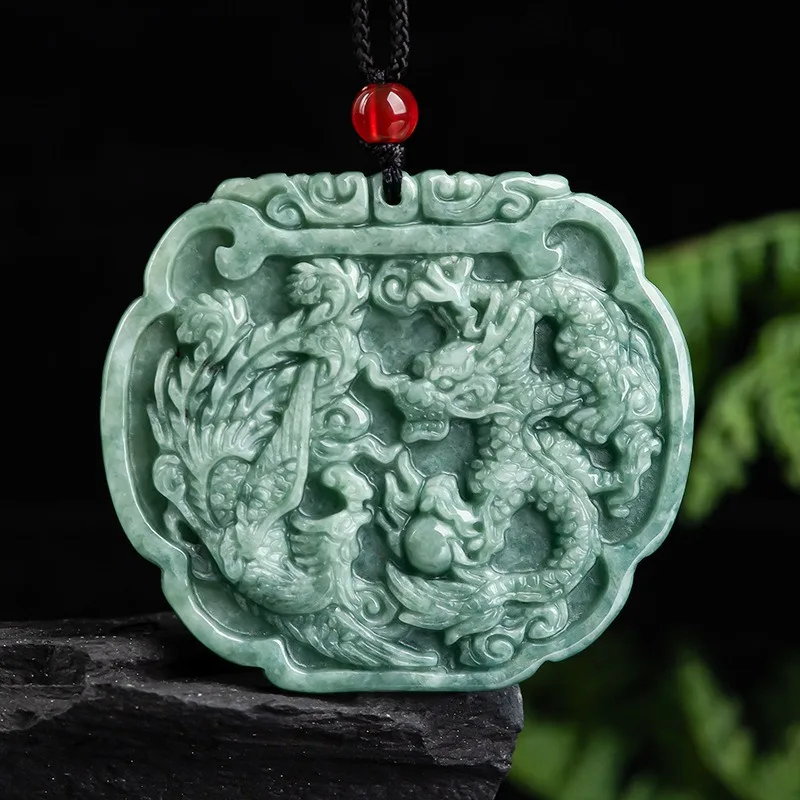 

Natural A Cargo Emerald Hand -carved Dragon and Phoenix Pendant Couple Pendant Men's and Women's Corporation Chain