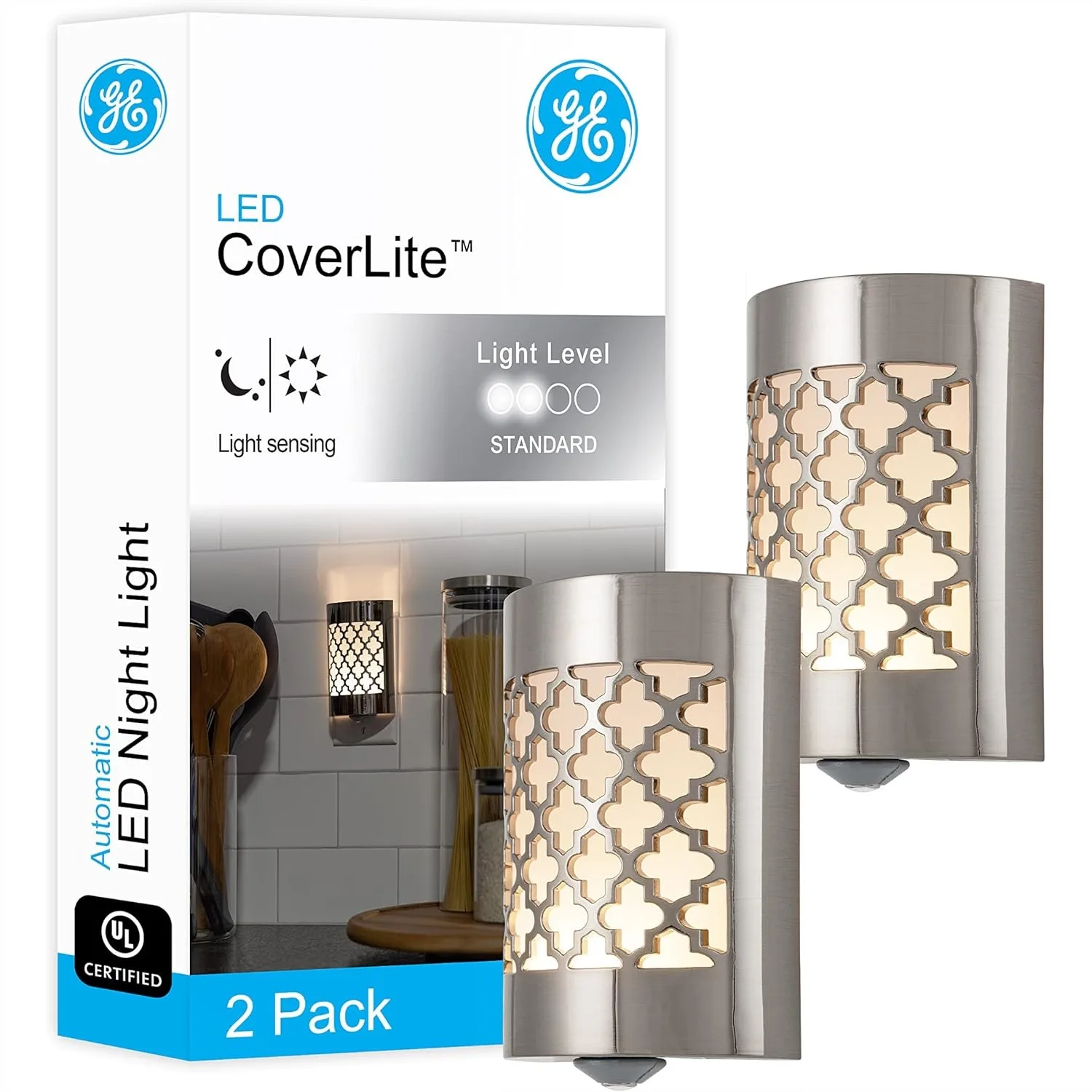 

Moroccan LED Night Light with Dusk to Dawn Sensor, Plug-in for Bedroom Bathroom Kitchen Hallway, 2 Pack, Brushed Nickel