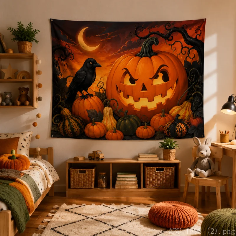 VIKAMA Autumn Halloween Tapestry Glowing Evil Pumpkin Maple Leaves Wall Hanging for Gift