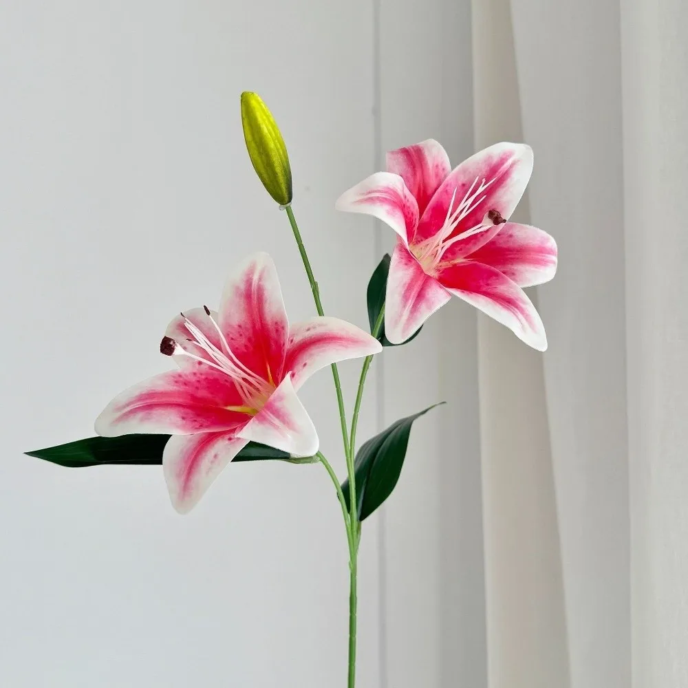 2-head Artificial Lily Flowers Real Touch Pink Artificial Faux Plants Multi-Bloom White Simulation Decorative Bouquet Home Decor