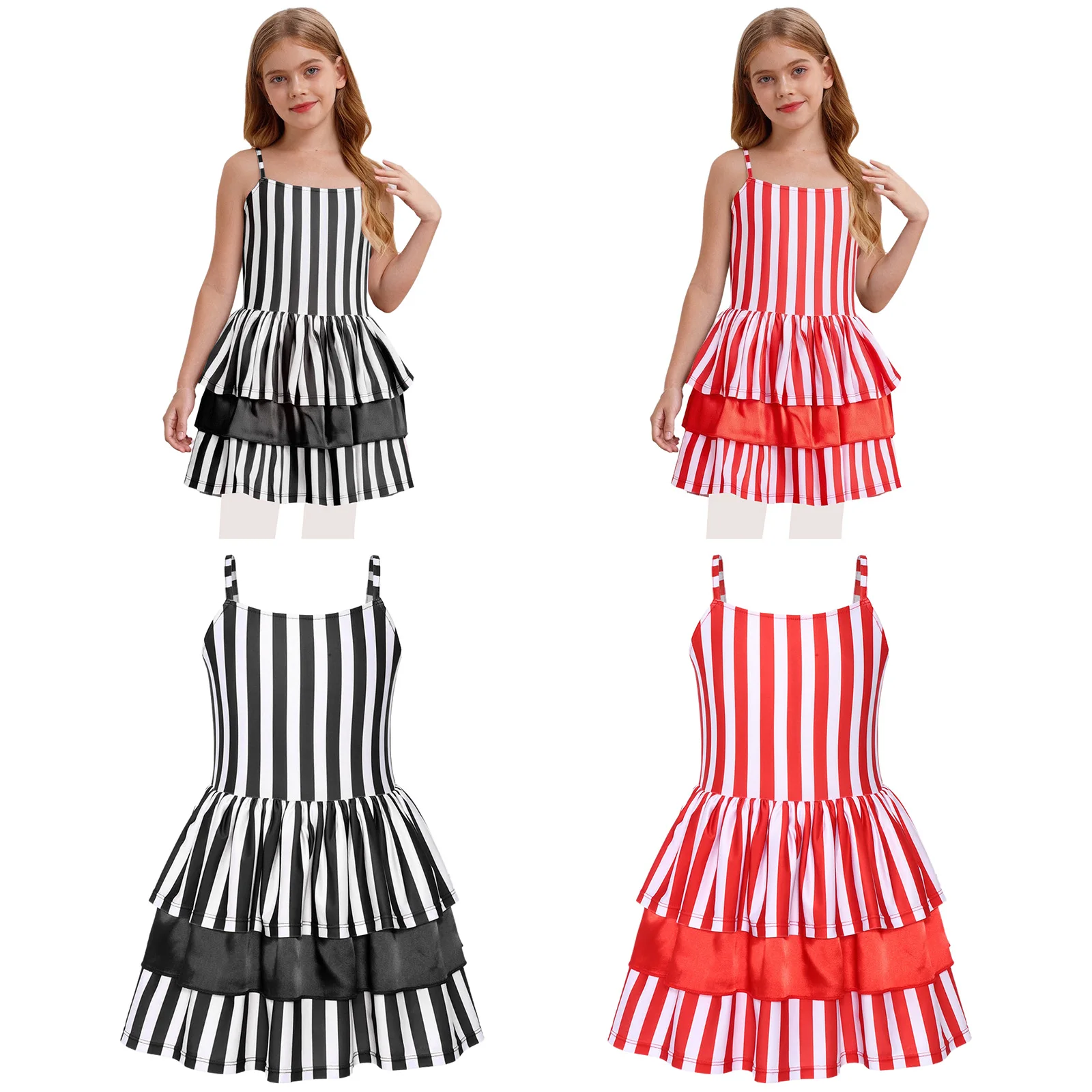 Kids Girl Clown Striped Costume Halloween Christmas Carnival Cosplay Party Costume Strapless Halter Layered Ruffle Puffy Dress