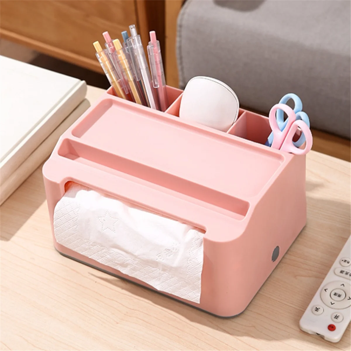 Tissue Storage Box,Study Table Organizer with Draw,Remote Holder Tissue Case,Tissue Case with Stationary Organizer TrayB