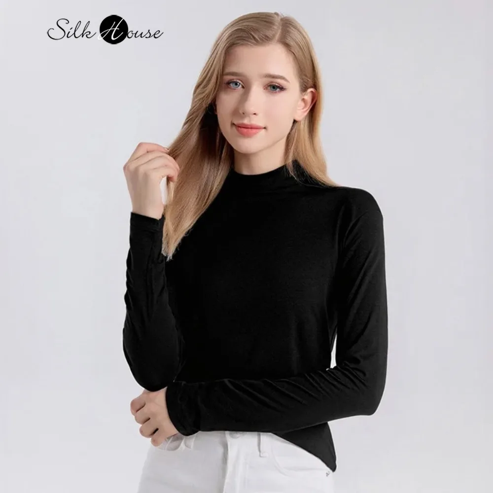 

92% Natural Mulberry Silk Knitted Top, Women's Stand Up Collar Skin Friendly Long Sleeved T-shirt, 2025 Fashionable Winter New