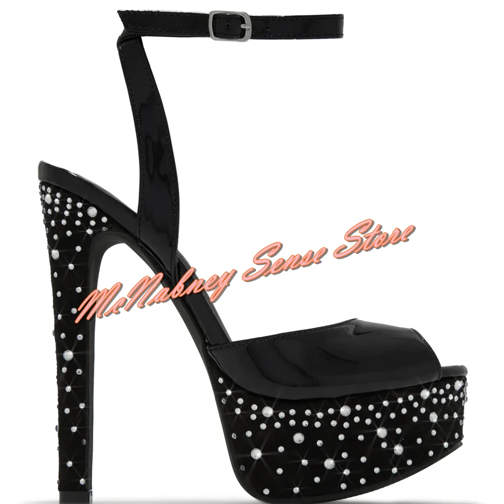 Crystal Rivet Platform Sandals Peep Toe Stiletto Heels Buckles Straps Shiny Leather Sandals Women Sexy Shoes Summer Party Design