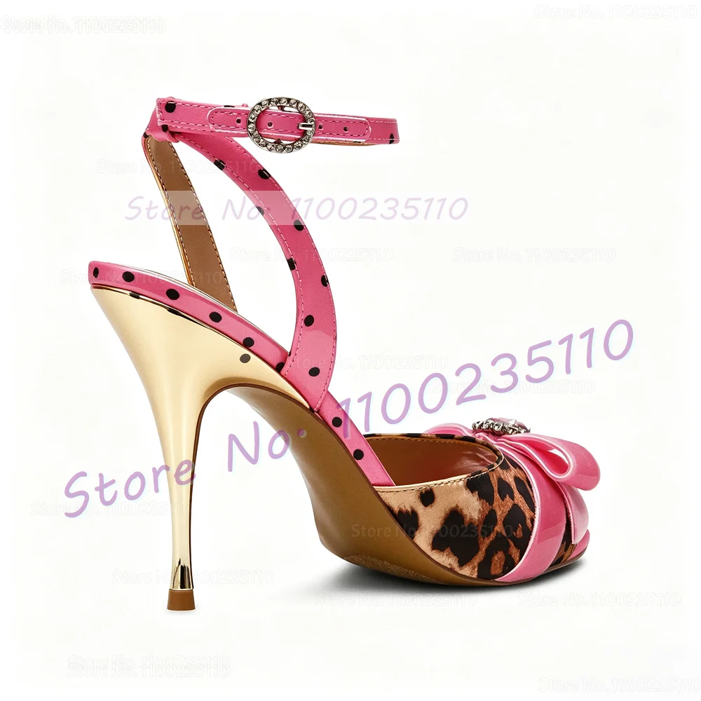 Pink Polka Dot Leopard High Heels Sandals Women Nifty Crystal Buckle Bowknot Mixed Colors Shoes Ladies Open Toe Dress Sandals - view 4