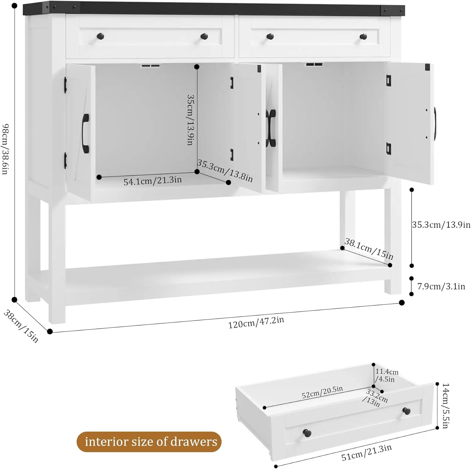 Aparador Buffet con almacenamiento, cafetería moderna de granja de 47,2" con 2 cajones, mesa consola con puertas de granero y estante