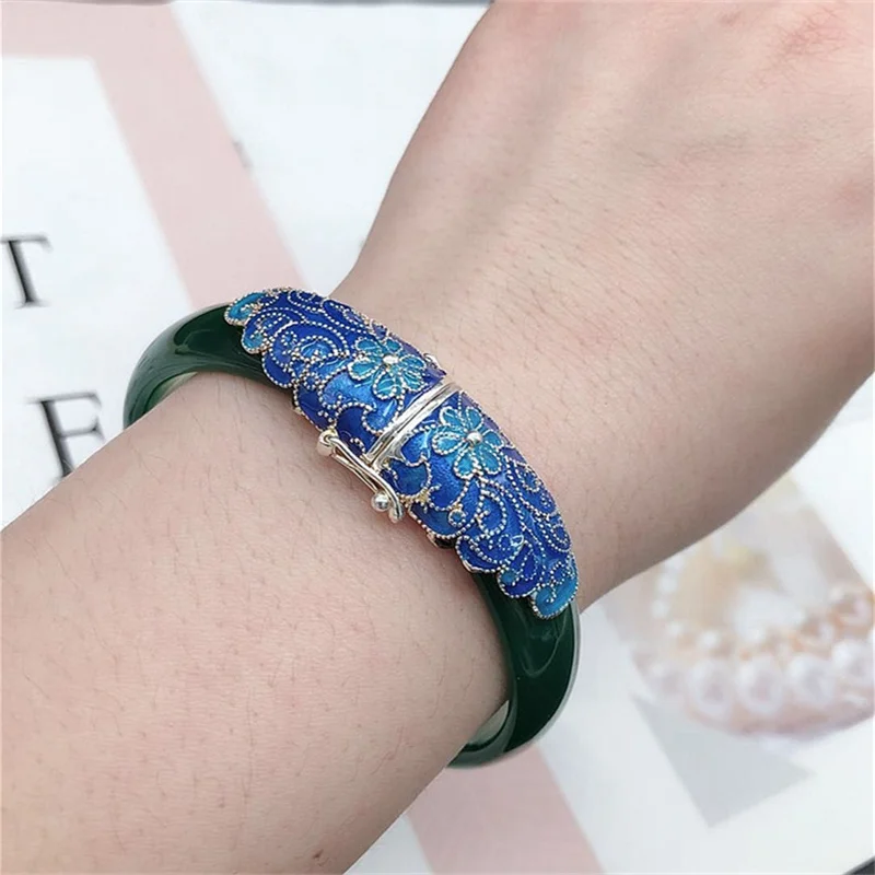 

Green Agate Bangles for Women Enamel Blue 925 Sterling Silver Flower Bangles Ethnic Trendy Floral Bracelet Chalcedony Jewelry