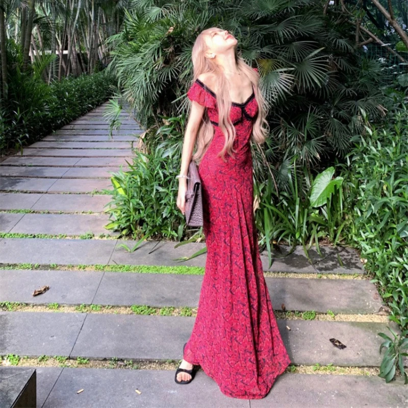 

Pure Desire Style Retro Floral Square Neck Dress for Women's Summer Slim Waist Bodycon Long Dresses Vintage Sheath Vestidos