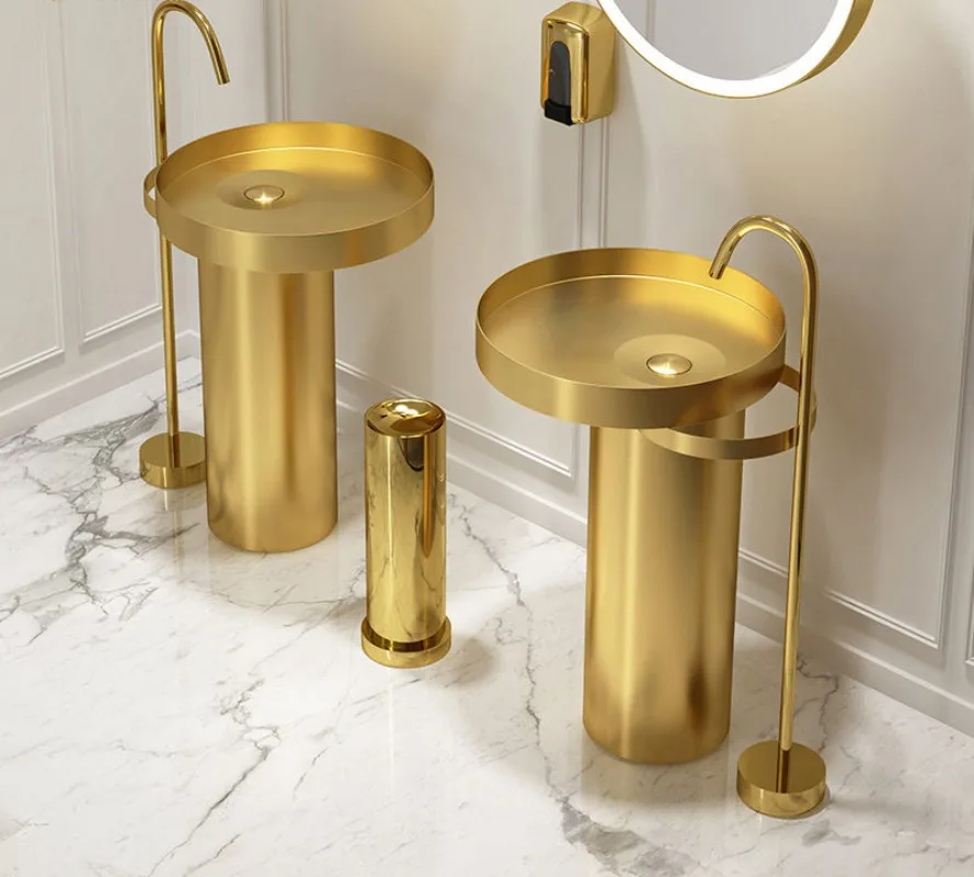Luxury Floor Standing Round 304 Stainless Steel Bathroom Club Hand Made Gold Pedestal Bar Wash Basin Sink for Hotel