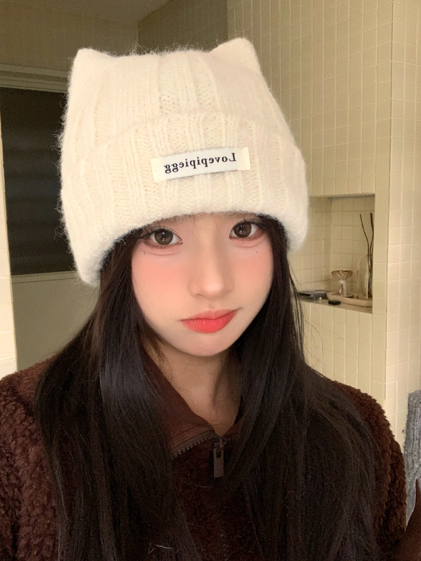 Warm Knitted  Ear Hat Women's Style Winter Fashionable Face Slimming Knitwear Breathable Non-Folding round Top Cap