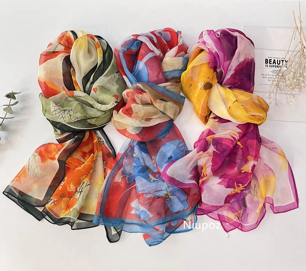 Bright Colors Printed Scarf Pretty Women Elegant Chiffon Georgette Bandana Scarf Summer Beach Sunscreen Thin Shawl