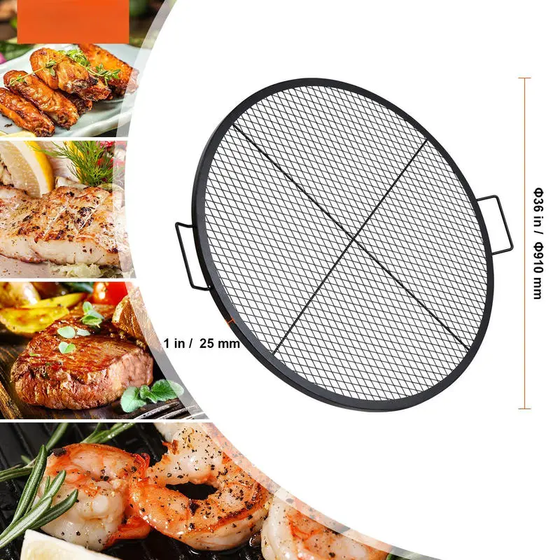Black Round Cooking Grid 36 Inch For Campfire Party Gathering Heavy Duty Steel Support X Wire Handle Portable Camping Cookware Outdoor Backyard Picnic BBQ Accessory High Capacity Grill Surface Metal Mesh Replacement Outdoor Culinary Tool view 2