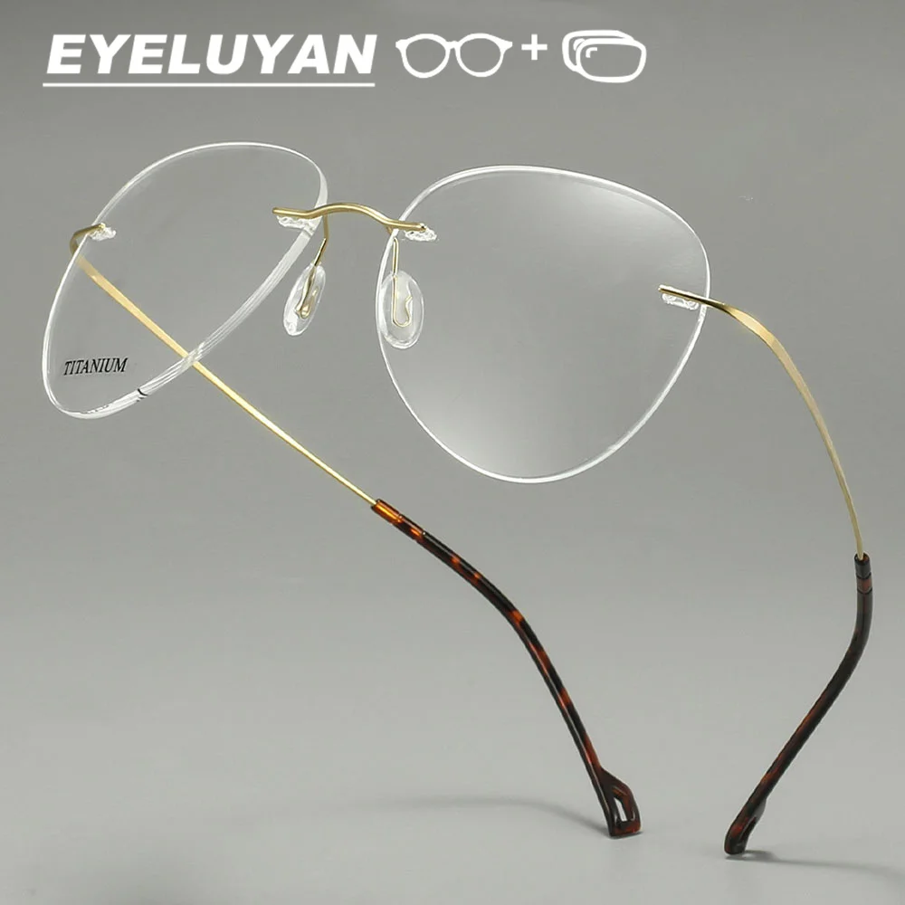 EYELUYAN 100% Pure Titanium Ultra-light Flexible Rimless Eyeglasses,Tortoiseshell Acetate Temple, Unisex Business Casual Glasses