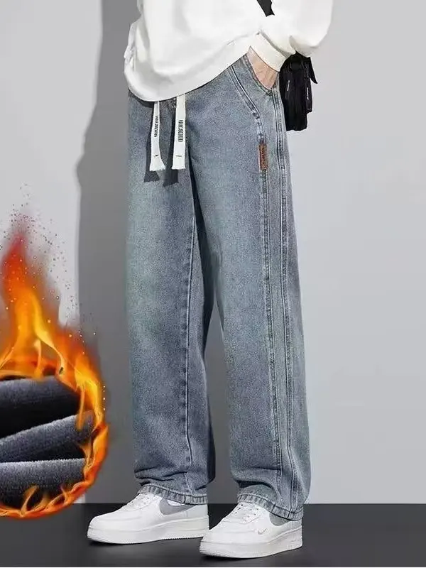 

Thiened Fce Lined Loose Straight Leg Men's Jeans American High Street Workwear Waed Casual Long Trousers for Men